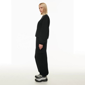High Quality <b>Women's</b> <b>Black</b> Cargo Pants Mid Waist Loose Fit Ankle-Length Fleece Casual Pants <b>Pockets</b> Elastic Waist Autumn Pants - Product Image 6