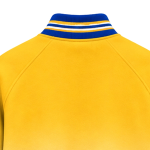 Blouson universitaire jaune doré et blanc à rayures bleues, lettres grecques, boutons-pression, col côtelé, manches longues, style décontracté, universitaire - Product Image 3