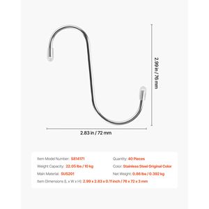 Confezione da 40 Ganci a S in Metallo da 3,4 Pollici, Capacità di Carico 22,05 LBS, Ganci Resistenti in Acciaio Inossidabile, Modello OEM - Product Image 4