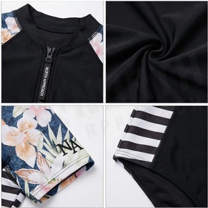 Women One Piece Swimwear Black Floral Sleeve Striped Side Zip Front Spandex Polyester Quick Dry Contrast Binding Stand Collar - Product Image 4
