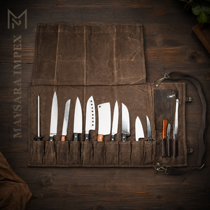 Maysara 13 Pocket Chef Knife <b>Roll</b> <b>Bag</b> Waxed Canvas & Genuine Leather Knife Carrier for Chef Travel Friendly Culinary <b>Tool</b> <b>Bag</b> - Product Image 6