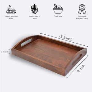 Bandeja clásica de madera para servir, rectangular, de 13.5x9x2.25 pulgadas, hecha a mano en India, de madera maciza tratada y curada para alimentos. - Product Image 4