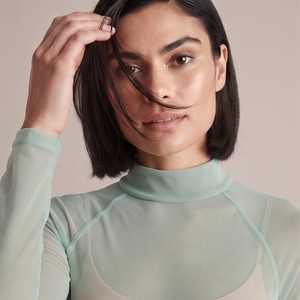 Body de malla transparente con cuello alto para mujer, body de manga larga transparente, 100% poliéster, malla transparente de una pieza - Product Image 4