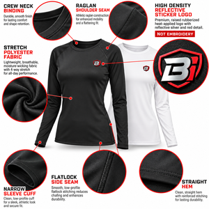 Custom Women’s Long Sleeve Workout Shirt Moisture Wicking <b>Raglan</b> Performance <b>Top</b> with High Density Reflective Logo Rash Guard - Product Image 5