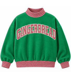 Sudadera navideña extragrande personalizada para mujer, verde, con cuello simulado, manga larga, con ribete de cuadros rojos y bordado de letras - Product Image 5