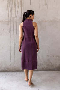 Wine Cotton Denim Midi Dress With <b>Polo</b> <b>Neck</b> Sleeveless For Women Featuring Lightweight Fabric Modern Style Comfortable Fit - Product Image 3