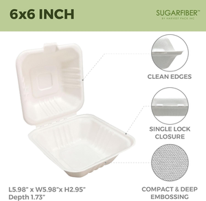 Contenedores de Alimentos Blancos Compostables Ecológicos Impermeables Tipo Concha, Diseño Cuadrado Reforzado con Bisagras, Desechables de Bagazo OEM - Product Image 4
