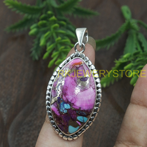 Pendentif en turquoise rose naturelle, argent sterling 925, bijoux en pierres précieuses faits à la main, forme marquise, design bohème vintage pour elle - Product Image 5