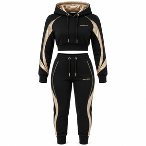Women's Casual Winter Wear Set Solid Pattern Crop <b>Top</b> Jogger Pants Hoodie Front Logo Streetwear 100% Cotton Fleece Breathable - Product Image 3