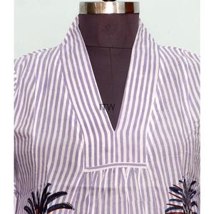 Robe longue d'été décontractée pour femme, à rayures violettes, col en V, manches trois quarts, imprimé palmiers fait main, coupe ample - Product Image 6