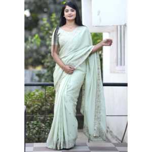 Sari pour femmes de créateur avec broderie au fil et ensemble de travail avec des miroirs réels - Product Image 1