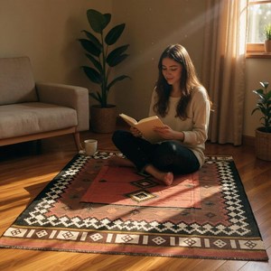 Tapis rectangulaire artisanal en laine tufté à la main, motif géométrique Kilim, écologique, pour salon, à poils moyens, nettoyage localisé, par Krafterscustom - Product Image 5