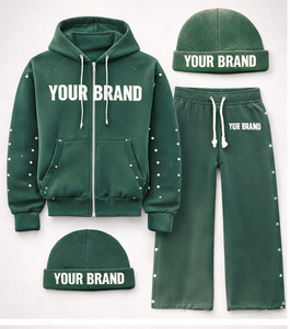 Custom Logo Winter <b>Oversized</b> Hoodie Sweatpants Beanie Streetwear Tracksuit 100% Cotton Fleece 420g Breathable Rhinestone <b>Jogger</b> - Product Image 2