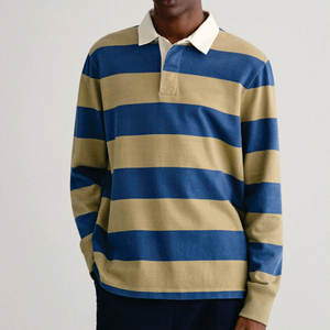 Polo de Punto a Rayas de Manga Larga para Hombre, Azul Beige, Ropa Casual - Product Image 2