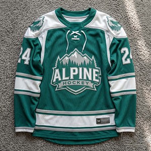 Premium Green and White Mountain Graphic Ice Hockey Shirt Long Sleeve Soccer Jersey Custom Team Uniform Lace Up Collar Number 24 - Product Image 1