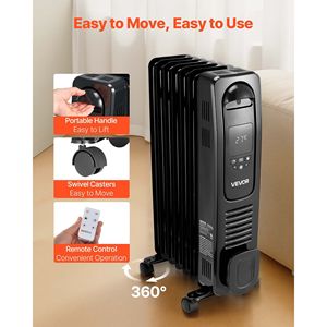 1500W Electric Oil-Filled <b>Radiator</b> LED <b>Screen</b> Space Heater with Over-Heat Protections 24h Timer Portable Cast Handle Home Heater - Product Image 6