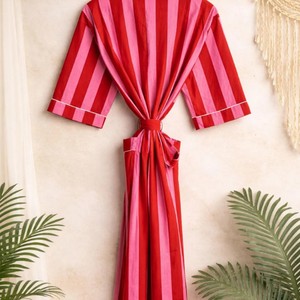 Bata Kimono a Rayas de Longitud Completa, Corte Holgado, Cuello en V, Manga Tres Cuartos, Ropa de Estar para Mujer, Tejido Suave de Verano - Product Image 3