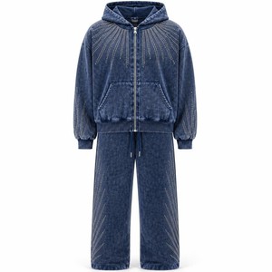 <b>Women</b> Navy Blue Washed Hoodie <b>Jogger</b> Set Rhinestone Detail Two Piece Tracksuit Casual Sportswear Streetwear Matching Outfit Chic - Product Image 1