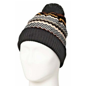 Bonnet tricoté unisexe à motif géométrique avec pompon, chapeau d'hiver noir et gris, 56-58 cm, décontracté, pour adulte, pour l'extérieur - Product Image 1