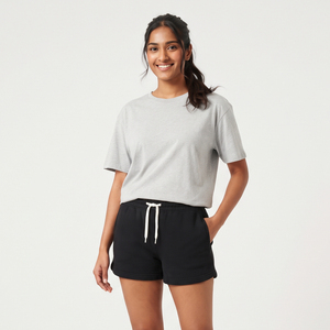 Mini-short décontracté taille haute extensible en coton éponge avec cordon de serrage et poches - Product Image 1