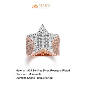 Anillo de Moissanita en Oro Rosa con Estrella y Pavé de Baguettes, Anillo de Declaración para Mujer, Joyería Fina, Regalo de Aniversario, Elegante y Brillante para Uso Diario - Product Image 6