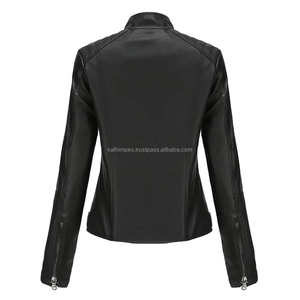 Venta al por mayor Negro Biker Slim Fit Diseño Moto Estilo de cuero Chaquetas de las mujeres con cierre de cremallera y cuello alto a precio barato - Product Image 3