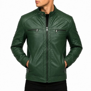 Veste de moto unisexe en cuir PU vert avec logo personnalisé, col rabattable, fermeture éclair, coupe ajustée, manches classiques, couleur unie, coupe-vent - Product Image 1