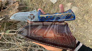 Cuchillo OEM de caza y supervivencia de hoja fija de acero de Damasco Wirecut con gancho para deshuesar, mango de resina de piña y funda de cuero, para camping, actividades al aire libre y EDC - Product Image 2