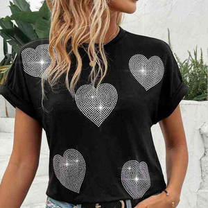Camiseta de Mujer con Estampado de Flores en Forma de Corazón Rosa, Camiseta Sexy de Manga Corta para Mujer, Talla Grande - Product Image 1