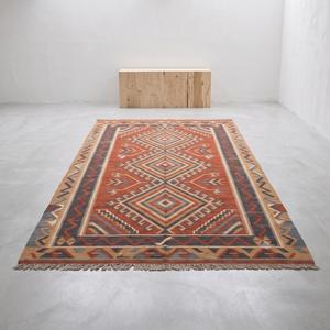 Tapis de sol moderne en laine tissée à la main, couleur unie orange rouille, antidérapant, à poils moyens, style kilim, tissage plat - Product Image 1