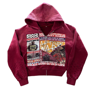 Sweat à capuche oversize personnalisé en molleton brodé, style streetwear, délavé à l'acide, effet usé, vintage, avec fermeture éclair et strass, couleur unie, effet soleil délavé - Product Image 1