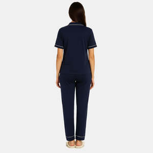 Conjunto de Pijama de 2 Piezas para Mujer, Color Azul Marino, Manga Corta, Cuello en V, Tejido de Algodón Suave, Estilo Clásico Informal para Primavera - Product Image 3