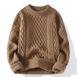 Plus Size Men's Crew Neck Cable Knit Pullover Sweater Thin Solid Color Long Sleeve Casual New Arrival Winter 100% Cotton - Product Image 5