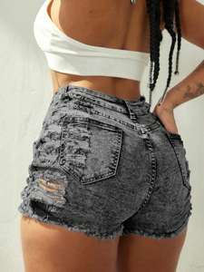 Shorts de mezclilla de cintura alta con efecto desgastado, dobladillo rasgado y detalles recortados para mujer, estilo ajustado de verano - Product Image 2