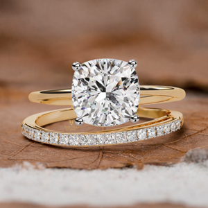 <b>Cushion</b> Cut Lab Grown IGI Certified VVS Clarity 2.00 Carat Diamond Wedding Engagement Gift Band Set Trendy Gold Women's Jewelry - Product Image 1