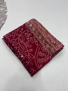 Elegant deep pink satin silk saree with unique prints rich pallu lace border and <b>designer</b> aari mirror work party wear attire - Product Image 4