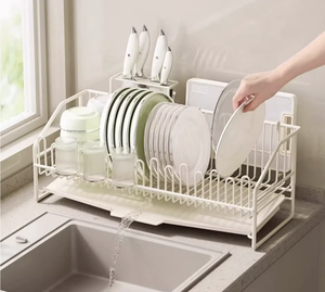 White <b>Dish</b> <b>Rack</b> With Draining Tray 2-Tier Kitchen Organizer For Plates Cups And Utensils Freestanding Countertop Storage - Product Image 1