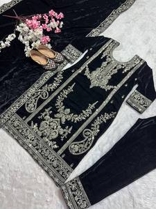 Black Embroidered Indian Pakistani Traditional Wedding <b>Dress</b> <b>Women</b> Floor-Length Regular With <b>Silver</b> Work Polyester Stretchable - Product Image 1