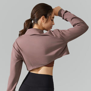 ZULARI IMPEX Women's Cropped Long Sleeve <b>Zip</b>-<b>Up</b> Jacket Solid Color Fitted Activewear Polyester Gray and <b>White</b> Sportswear - Product Image 3