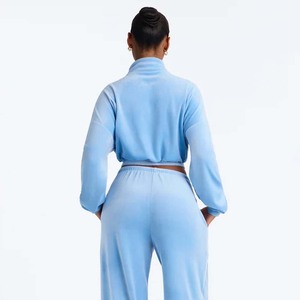Conjunto de Sudadera Corta Rosa con Cierre y Pantalones con Cordón para Mujer, Ropa de Otoño, Manga Larga, Color Sólido, Cuello Camisero - Product Image 3