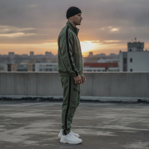 Ensemble de survêtement vert olive pour homme, col montant zippé, style streetwear, avec poches latérales, respirant, en polyester et coton - Product Image 5