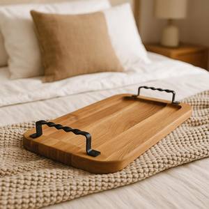 Bandeja de Desayuno y Servicio Ecológica de Roble con Asas, Diseño Rústico, Hecha a Mano, Decoración de Cocina de Madera, Uso Comercial para Catering - Product Image 1