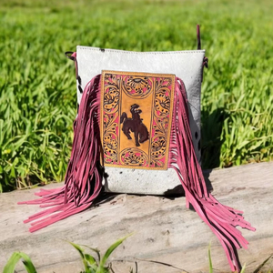 Women's Bohemian Summer Lightweight <b>Shoulder</b> <b>Sling</b> Fringes Bag Hand Tooling Florals Carved Horse Design White Hair Fur Crossbody - Product Image 1