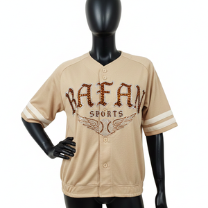 Maillot de baseball pour femme en polyester interlock GSM premium, beige, avec boutons sur le devant, manches rayées, logo en strass, respirant, t-shirts pour femme - Product Image 6