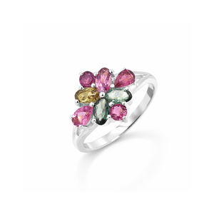 Anillo de Plata de Ley 925 con Turmalina Multicolor, Diseño de Flor de Verano, Gema Ovalada, Redonda y en Forma de Pera, Chapado en Oro, Anillo de Diseño de Lujo - Product Image 2