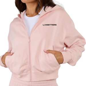 Customized Women Cropped Full <b>Zip</b> Hoodie Fleece Sweatshirt Drawstring <b>Hood</b> Front Pockets OEM ODM Apparel Supplier - Product Image 1