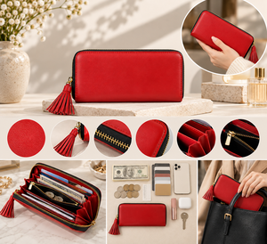 Cartera de Mano Tipo Clutch de Microfibra Roja para Mujer, con Cierre, Borla y Forro de Algodón para Uso Diario - Product Image 3