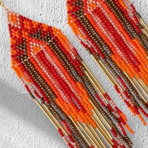 Pendientes Hechos a Mano con Cuentas, Color Naranja, Rojo y Marrón, Estilo Tribal con Flecos, Joyería de Moda, Diseño Exquisito, Pendientes con Gancho de Metal - Product Image 6