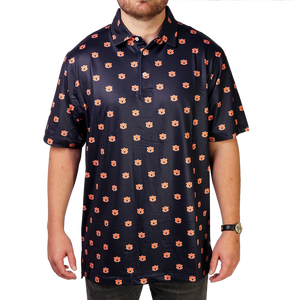 Chemise à manches courtes bleu marine pour homme avec imprimé ours de dessin animé orange, style décontracté, coupe régulière, tricotée, séchage rapide - Product Image 1