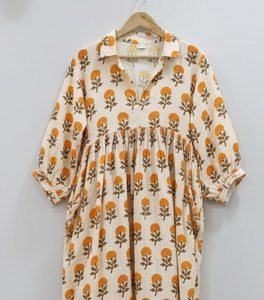 ชุดเดรสผ้าฝ้ายอินเดียทำมือสำหรับผู้หญิง |   ชุดทำงานทางการ เป็นมิตรกับสิ่งแวดล้อม ระบายอากาศได้ดี ทรงเอไลน์ ลายดอกไม้ วาดด้วยมือ ธรรมชาติ - Product Image 5